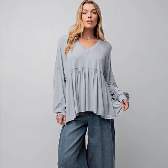 Easel Babydoll Oversized Pullover Tiered Tunic Gray Sweatshirt - Picture 1 of 12